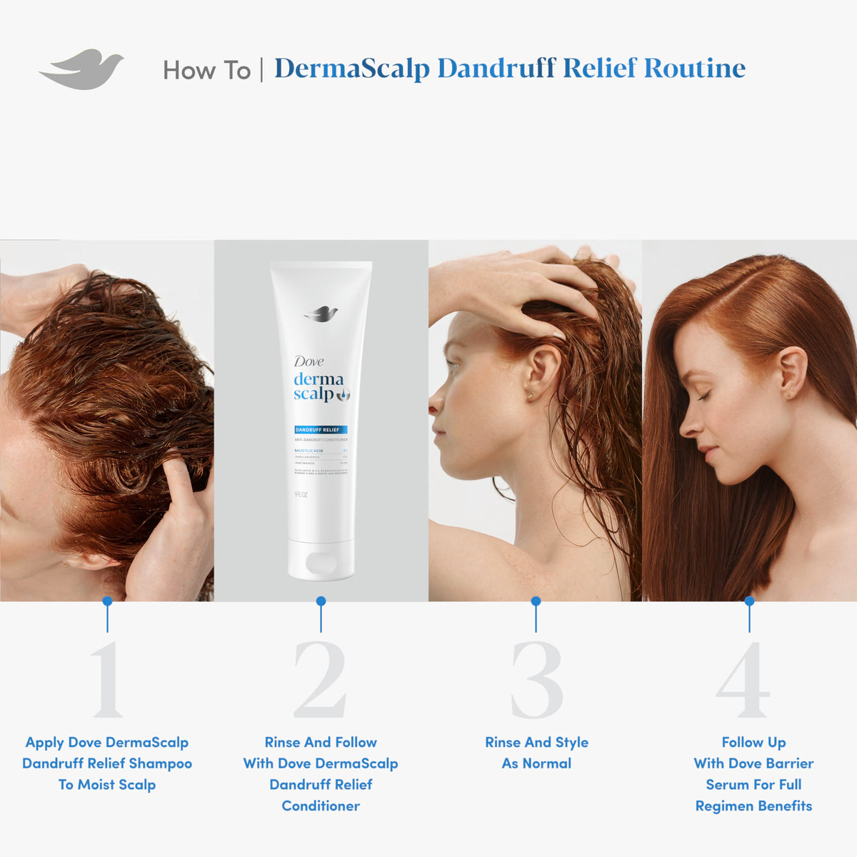 Dove Derma Scalp on bathroom shelf beside shampoo for an organized routine