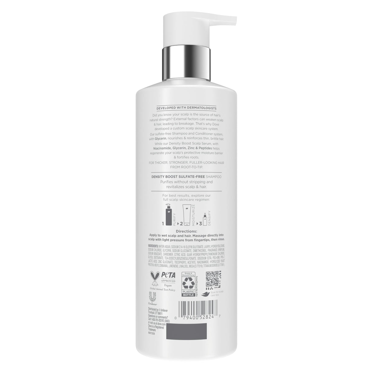 Dove Derma Scalp back label details highlighting ingredients and usage