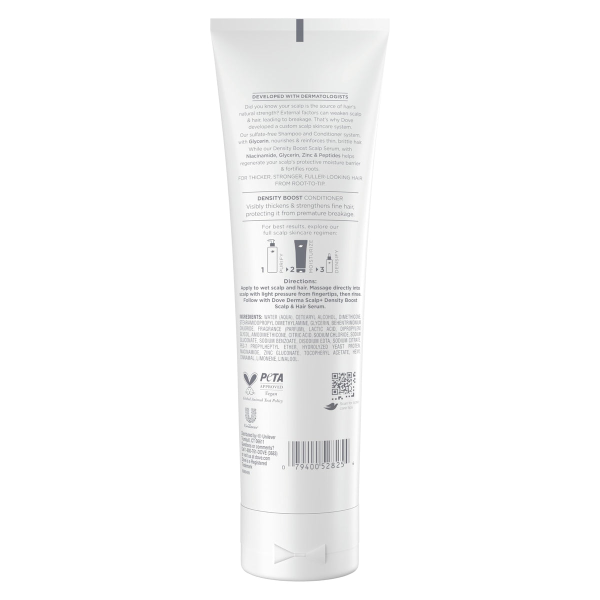 Dove Derma Scalp back label displaying ingredients and usage directions