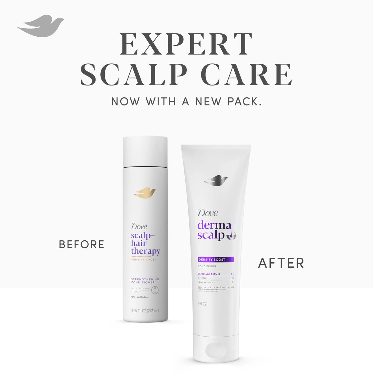 Dove Derma Scalp before and after comparison showing fuller-looking hair