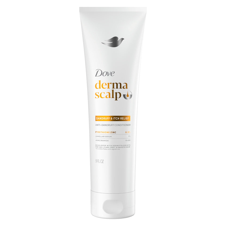 Dove derma scalp front packaging shows product and benefit for flake control