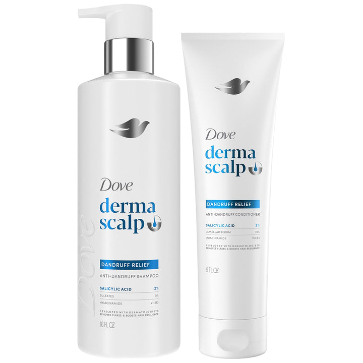 Dove front packaging shows shampoo and conditioner, clear anti‑dandruff benefit
