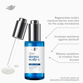 Dove Derma Scalp bottle held in hand to show 2 fl oz scale and portability