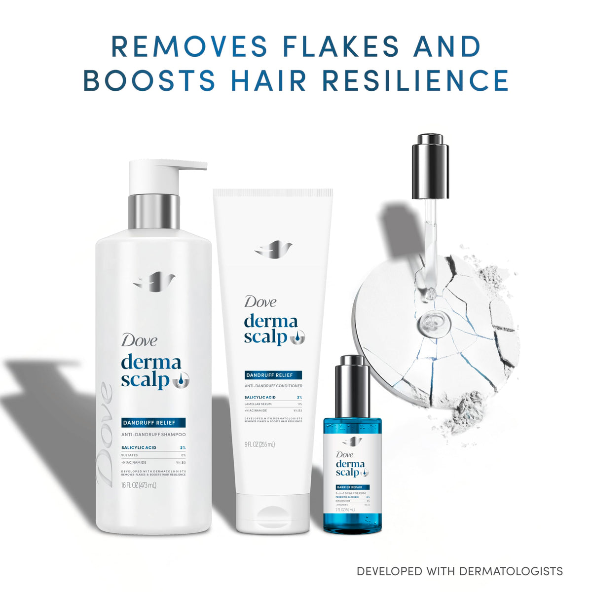 Dove Derma Scalp bottle held in hand displaying 9 fl oz size for scale