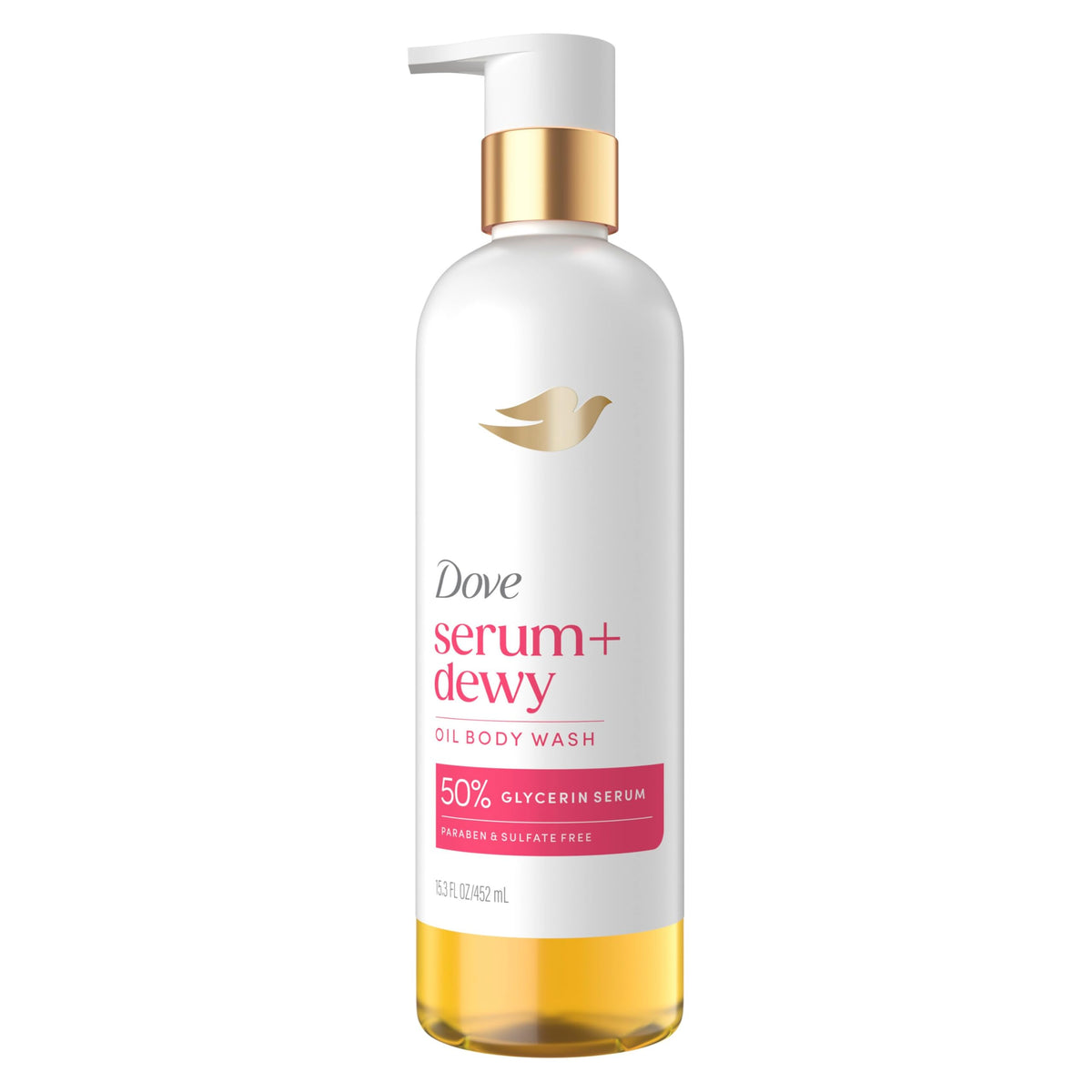Dove bottle front packaging showing product and benefit of dewy hydration