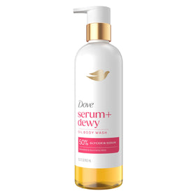 Dove bottle front packaging showing product and benefit of dewy hydration