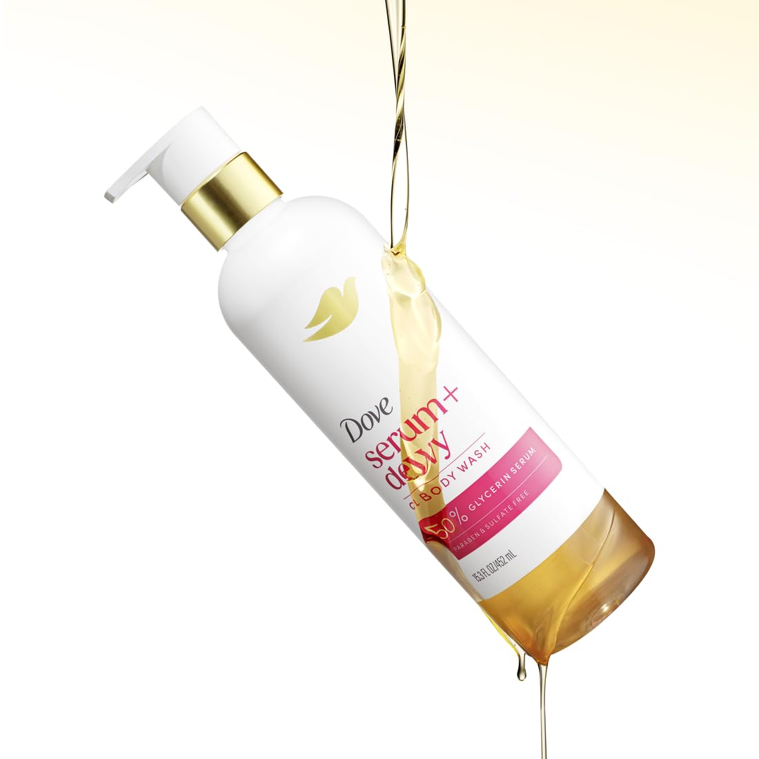 Dove shower oil poured onto hand demonstrating non-greasy hydration