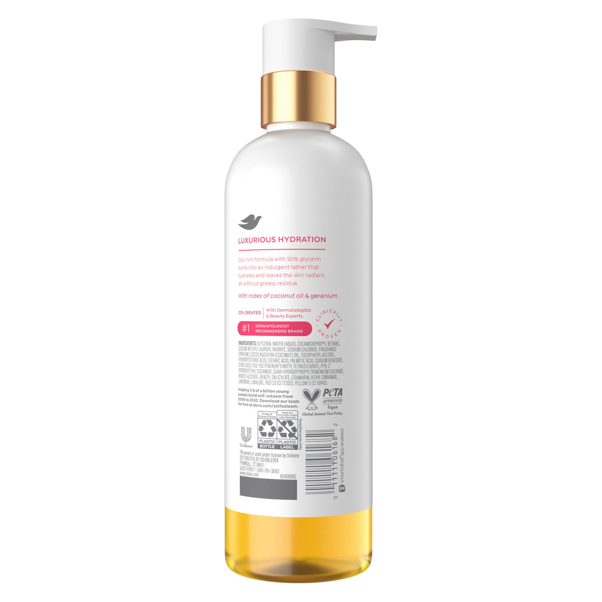Dove pump and label close-up highlighting dermatologist co-created formula
