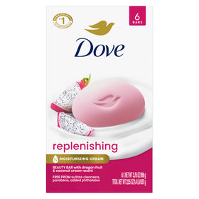 Dove front packaging showing six dragon fruit beauty bars and moisturizing benefit