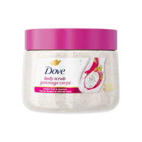 Dove jar front view showing dragon fruit coconut label and moisturizing benefit