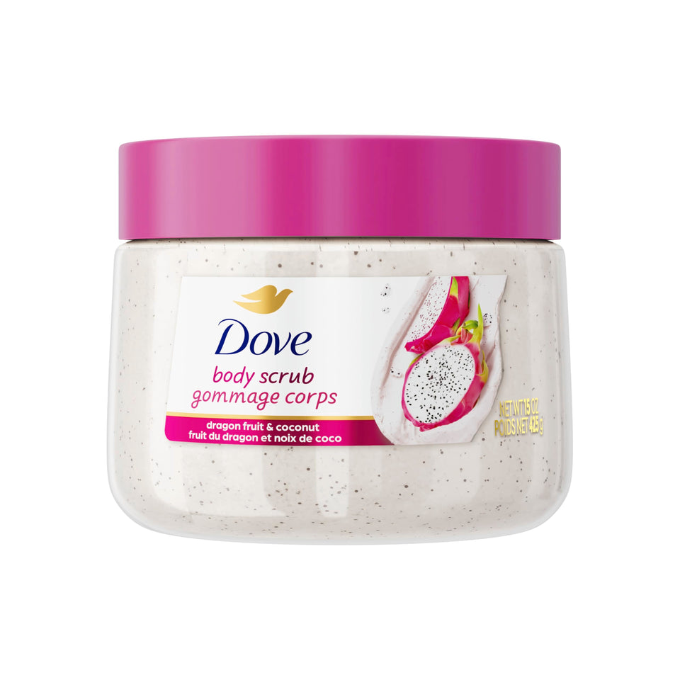 Dove jar front view showing dragon fruit coconut label and moisturizing benefit