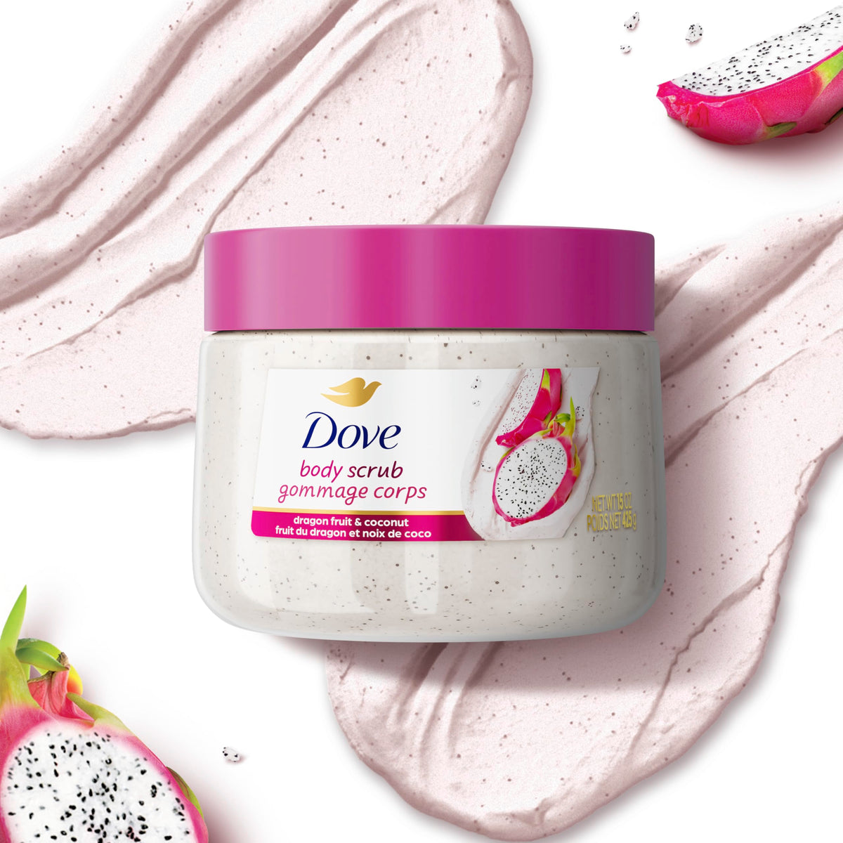 Recyclable jar label on Dove scrub highlighting eco-friendly packaging benefit