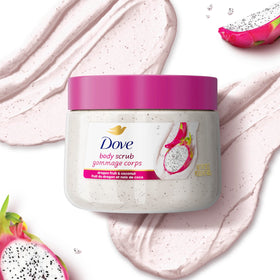 Recyclable jar label on Dove scrub highlighting eco-friendly packaging benefit