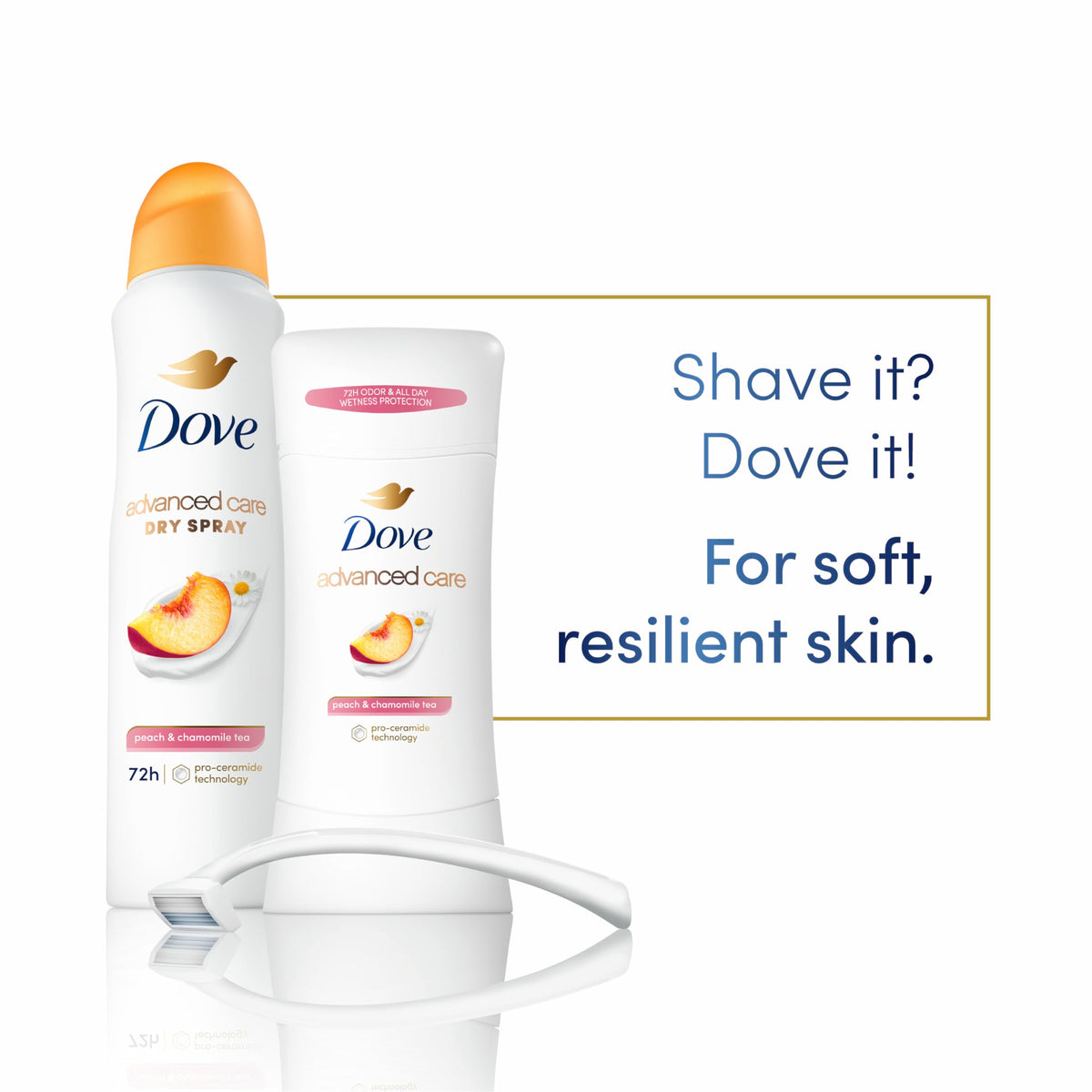 Dove dry spray nozzle close-up illustrating fast-drying texture and control
