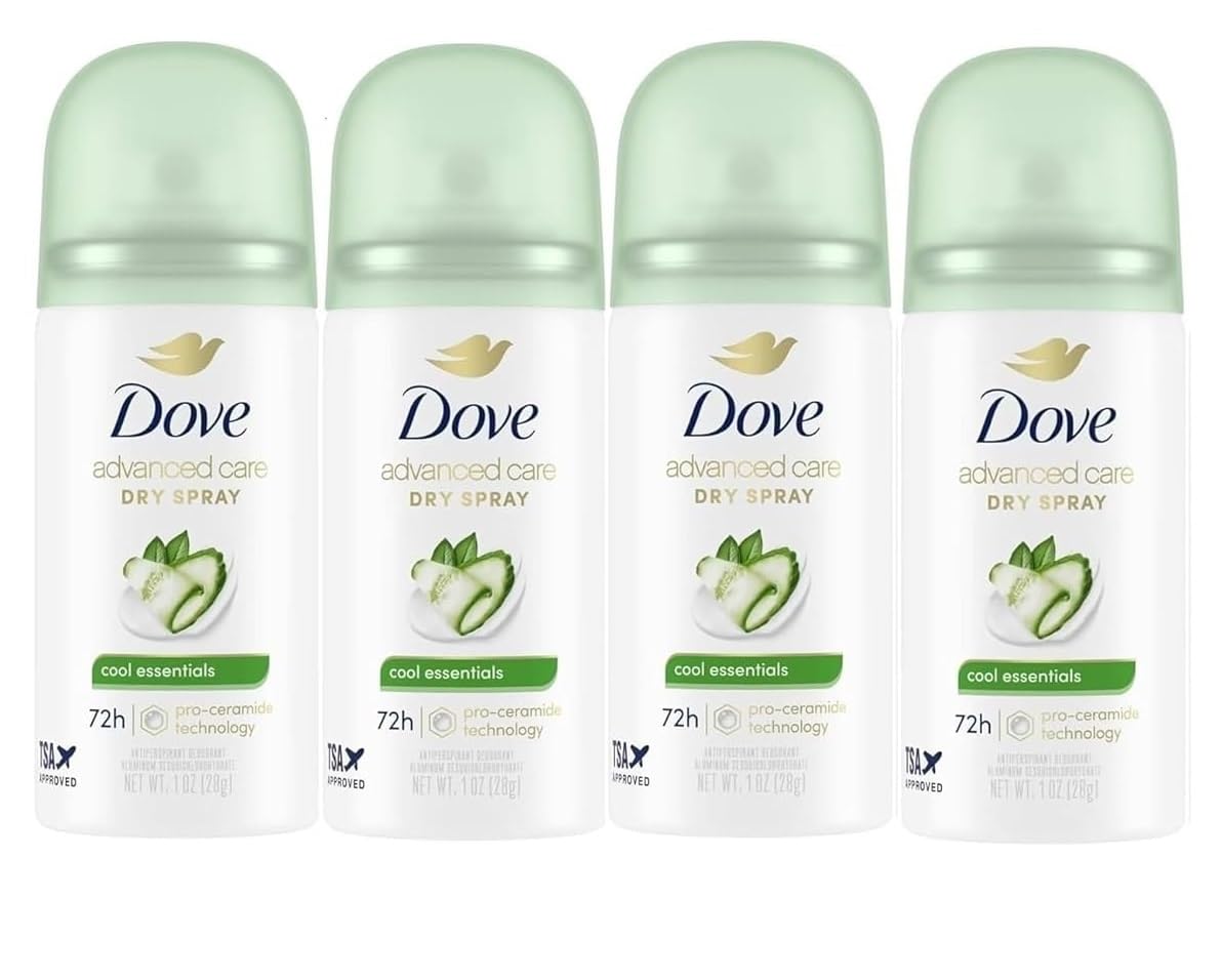 Dove dry spray four-pack arranged to show value and travel-ready extras