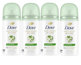 Dove dry spray four-pack arranged to show value and travel-ready extras