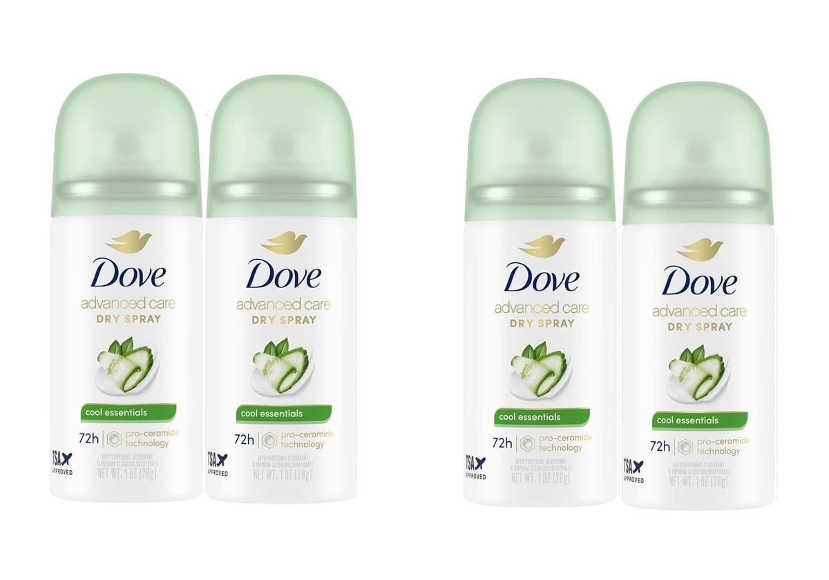 Dove travel dry spray front packaging showing compact can and brand benefit