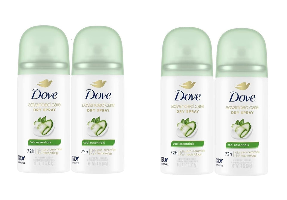 Dove travel dry spray front packaging showing compact can and brand benefit