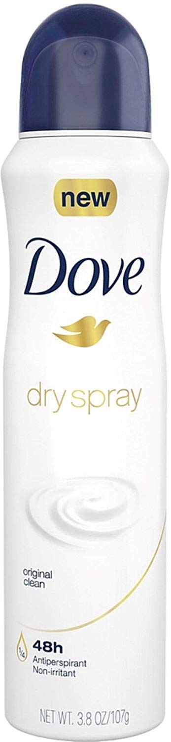 Dove dry spray front packaging showing moisturizing formula and compact travel size