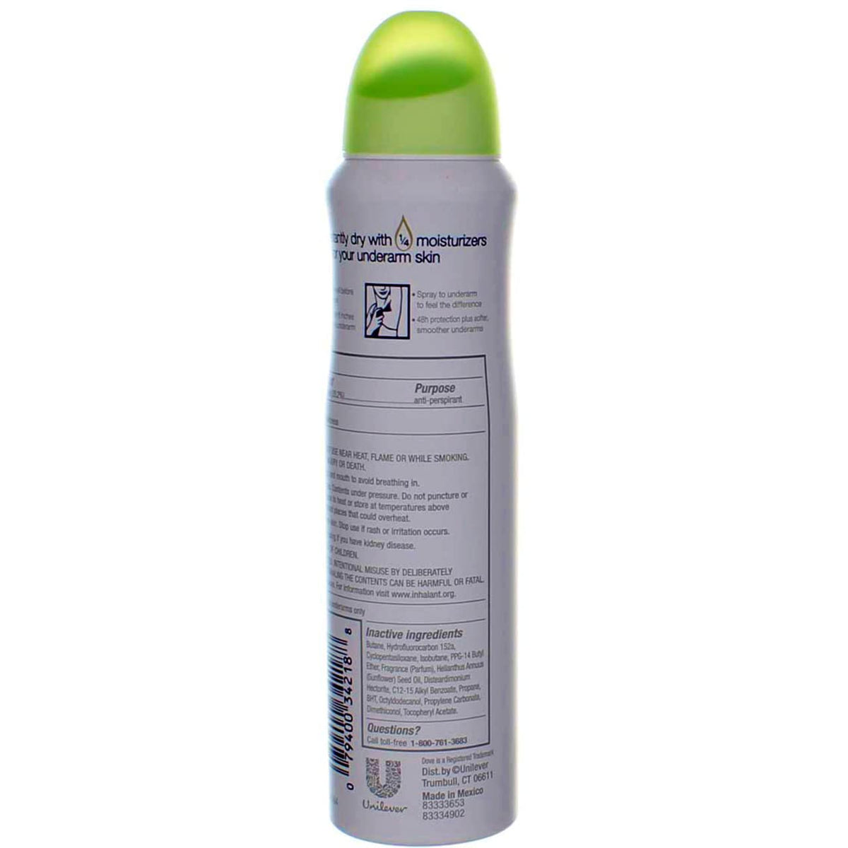 Dove dry spray held in hand showing compact size and travel-friendly benefit