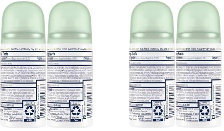 Dove travel dry spray side label highlighting ingredients and product features