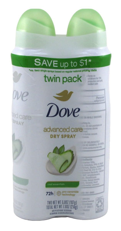 Dove dry spray twin pack front packaging showing brand and size benefits