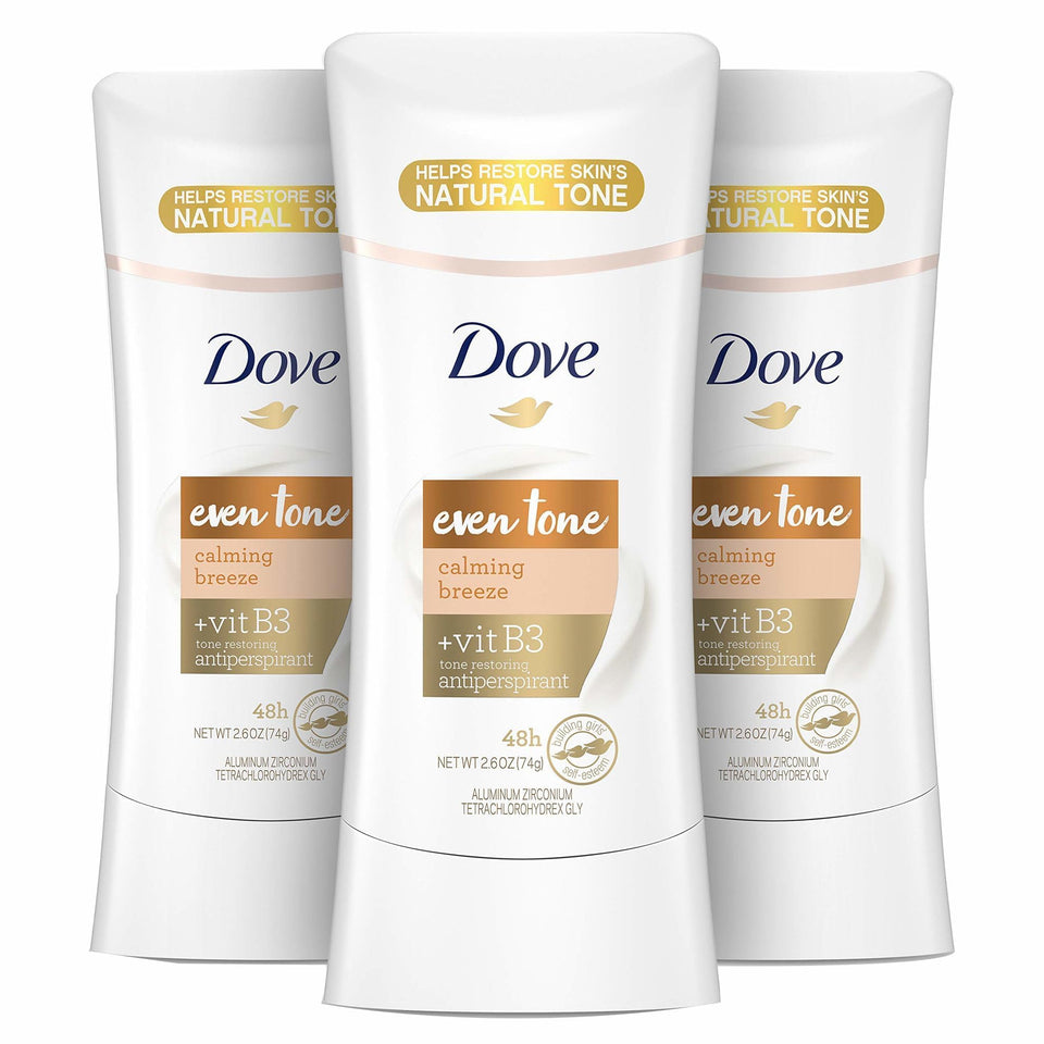 Dove Even Tone front packaging showing three sticks and apple blossom scent benefit