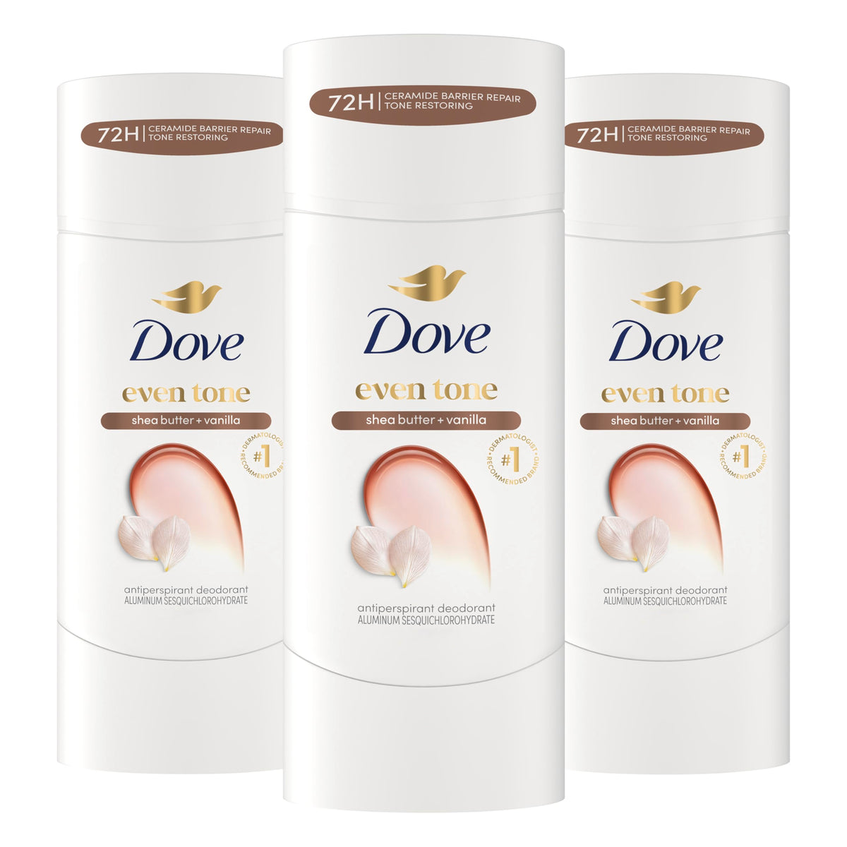 Dove front packaging showing even tone shea butter vanilla, clear product benefits