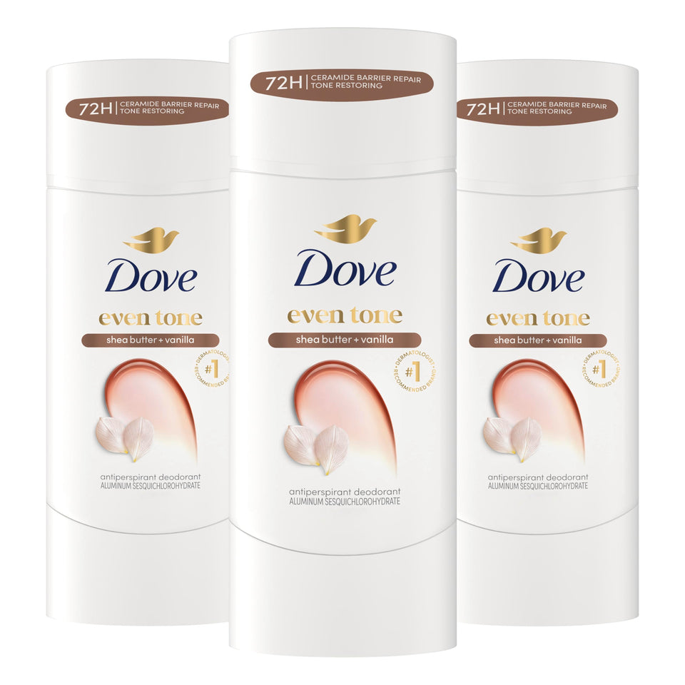 Dove front packaging showing even tone shea butter vanilla, clear product benefits