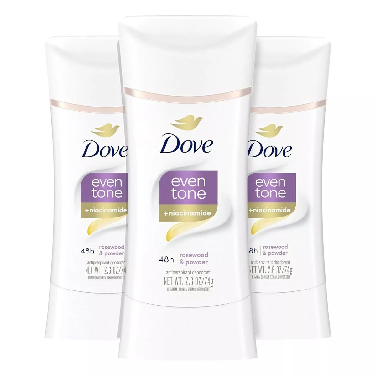 Dove even tone front packaging showing three sticks and product benefits