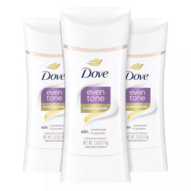 Dove even tone front packaging showing three sticks and product benefits