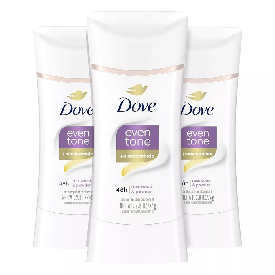 Dove even tone front packaging showing three sticks and product benefits