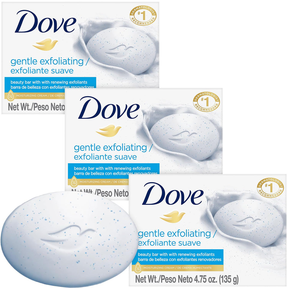 Dove beauty bar front packaging showing 3-pack benefits and gentle formula
