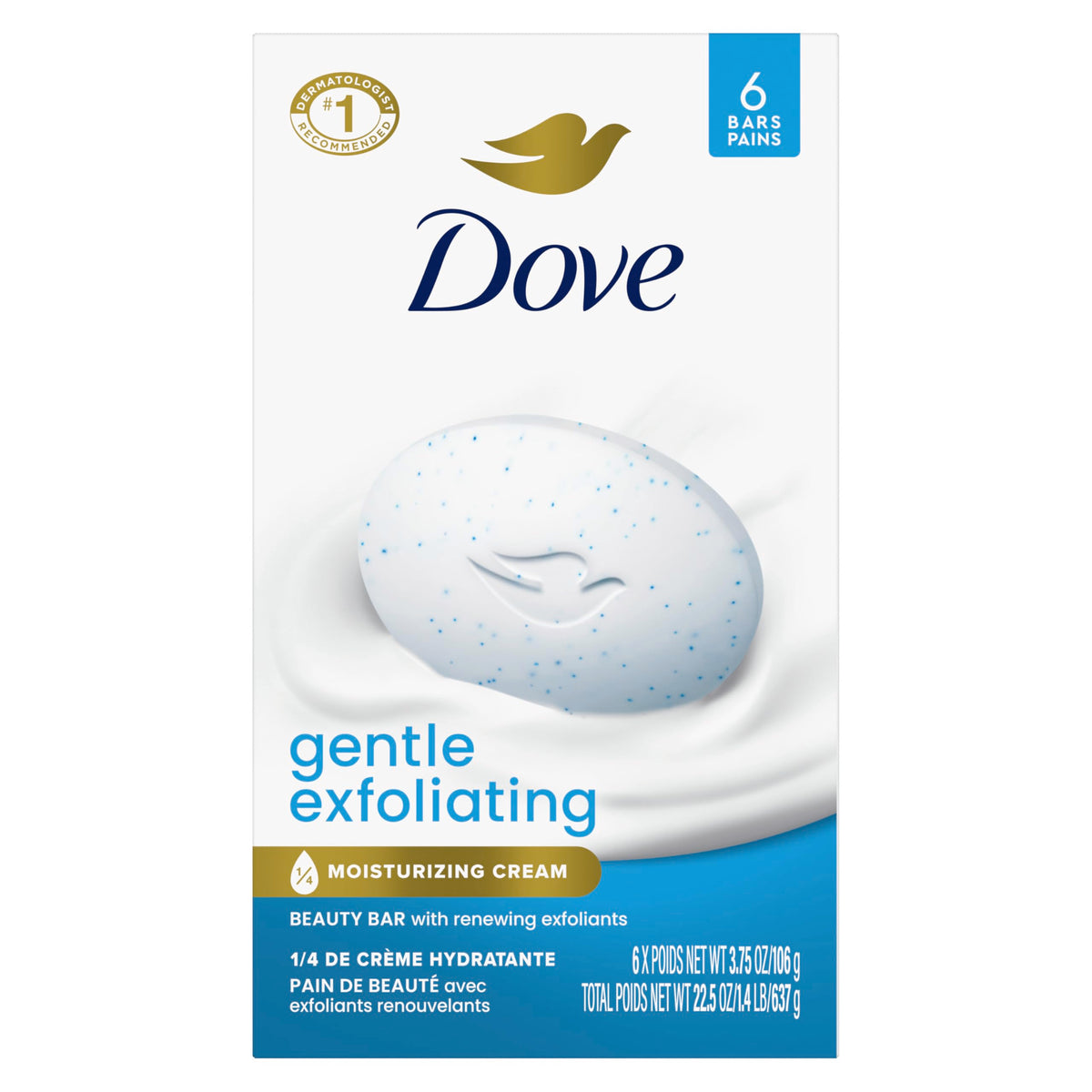 Dove beauty bar front packaging showing six bars and moisturizing benefits