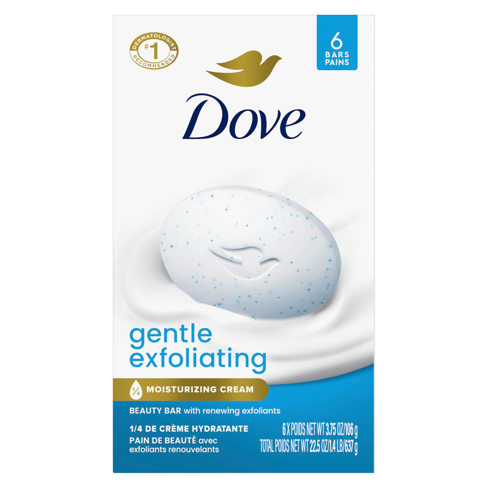 Dove beauty bar front packaging showing six bars and moisturizing benefits