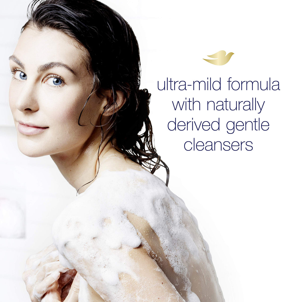 Dove in bathroom lifestyle with family-friendly gentle cleansing