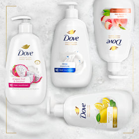 Dove four-pack group shot showing value and consistent tropical fragrance