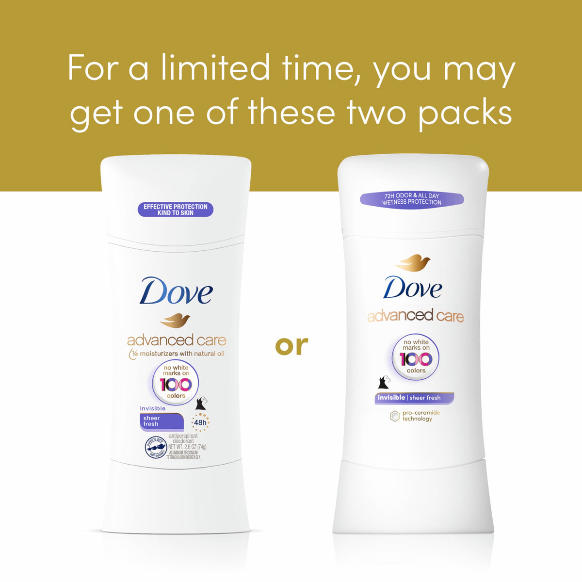 Dove four pack scale comparison showing quantity value and travel readiness
