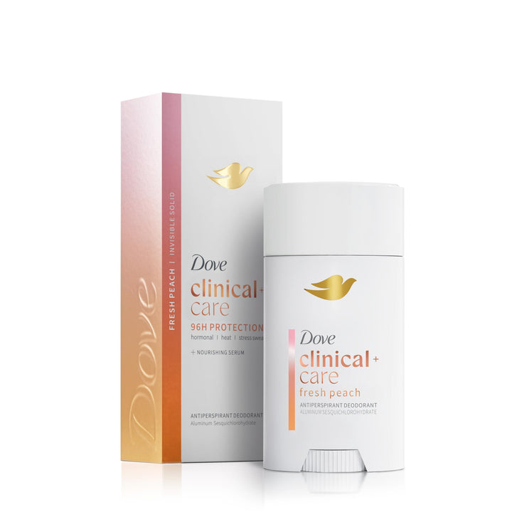 Dove Clinical + Care front packaging showing fresh peach scent and benefits