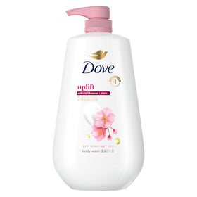 Dove bottle front view showing sakura blossom scent and uplift benefit