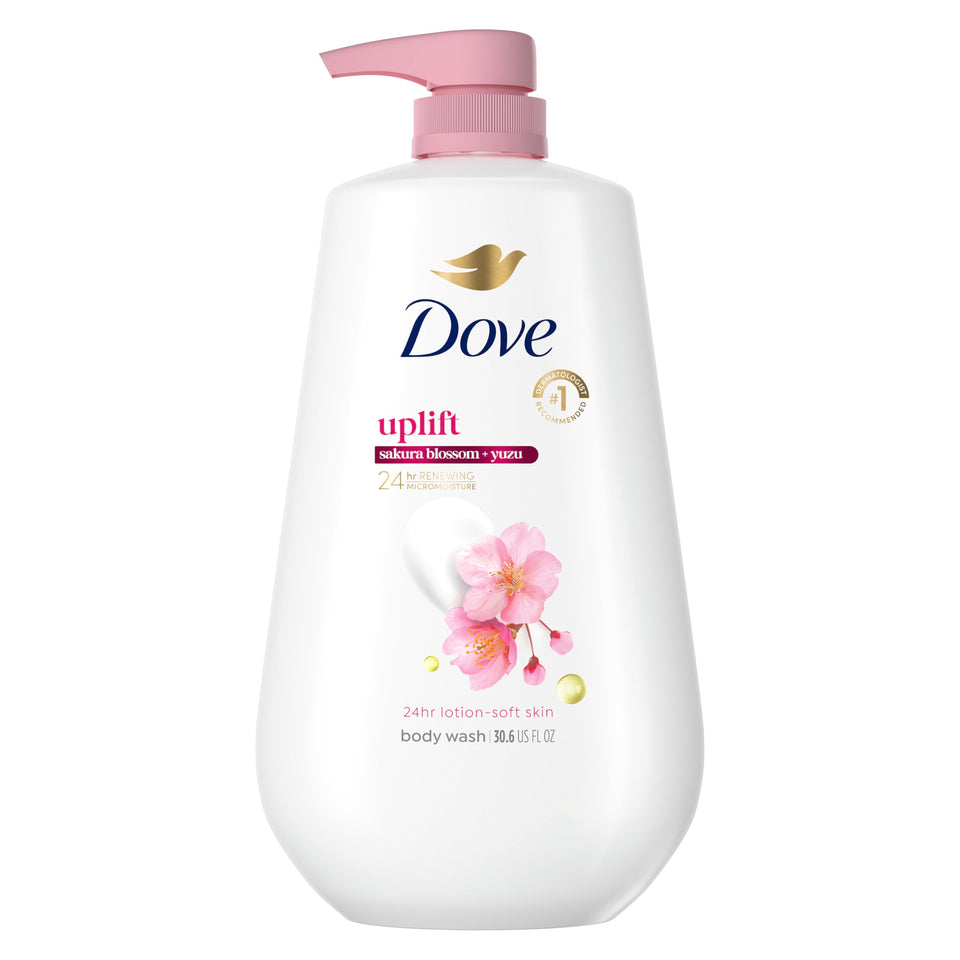 Dove bottle front view showing sakura blossom scent and uplift benefit