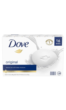 Dove front packaging showing 16 bars and clear product information benefit: reliable supply