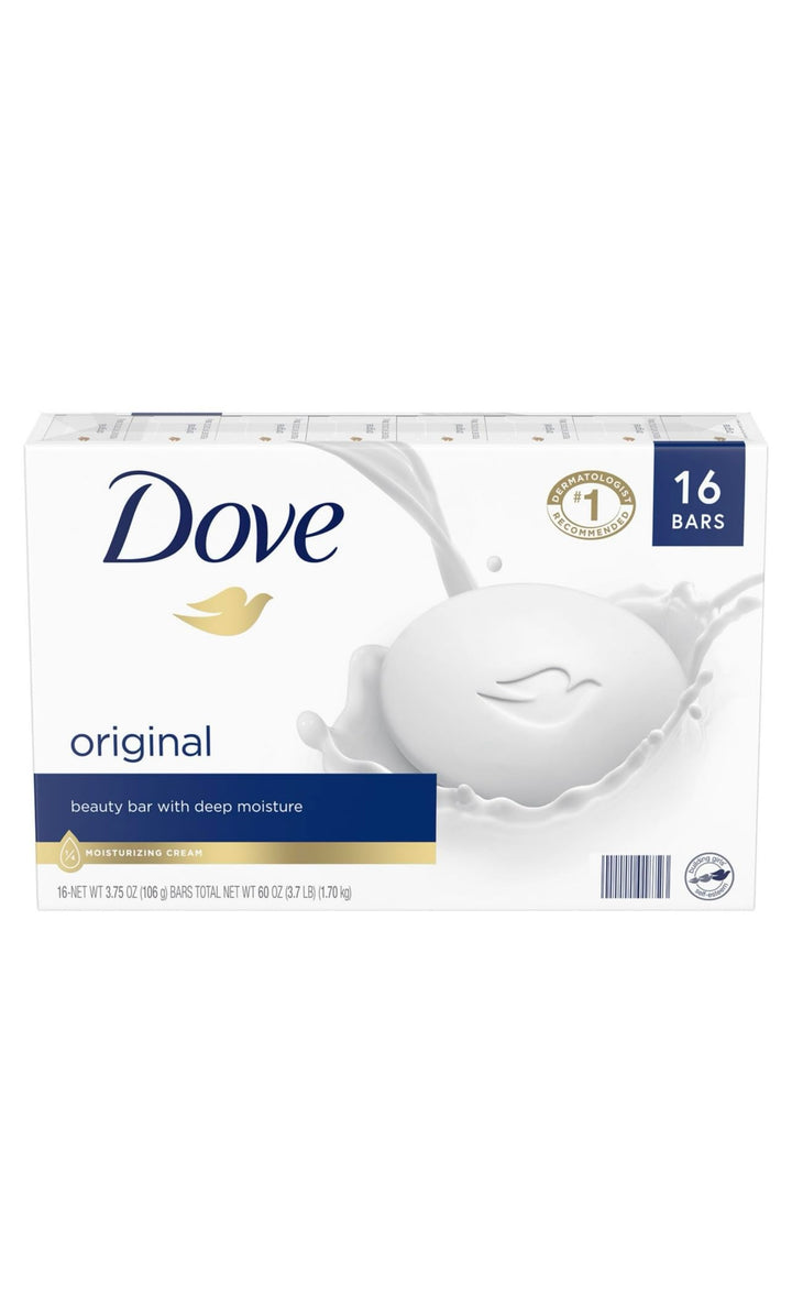 Dove front packaging showing 16 bars and clear product information benefit: reliable supply