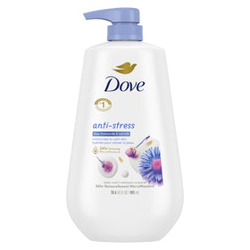 Dove front packaging 30.6 oz showing calming blue chamomile scent and benefit of long hydration