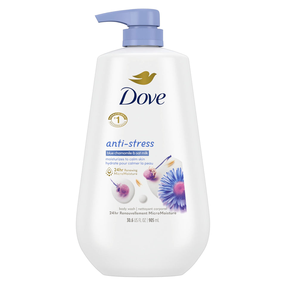 Dove front packaging 30.6 oz showing calming blue chamomile scent and benefit of long hydration