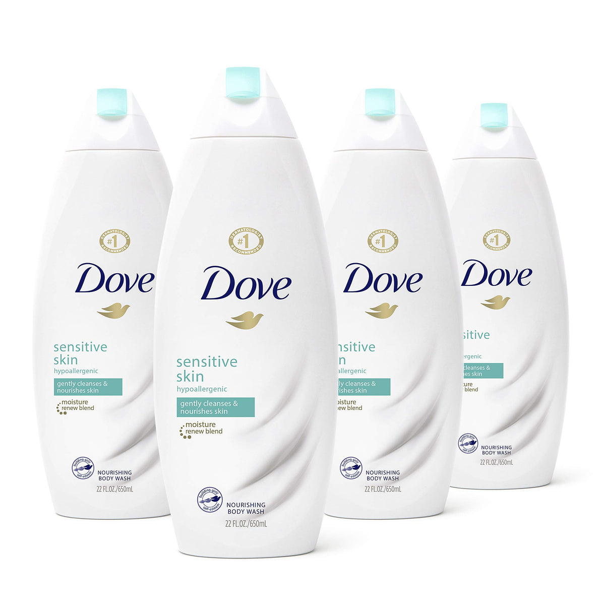 Dove front packaging showing four bottles and value pack convenience
