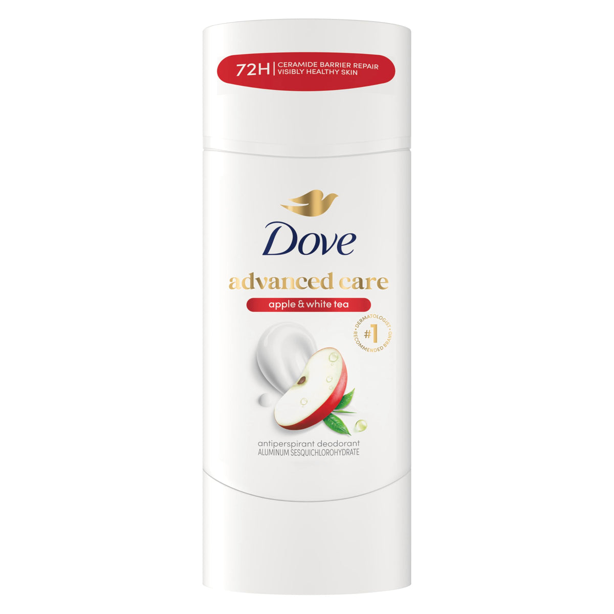 Dove front packaging showing apple and white tea, clarifying benefits of protection