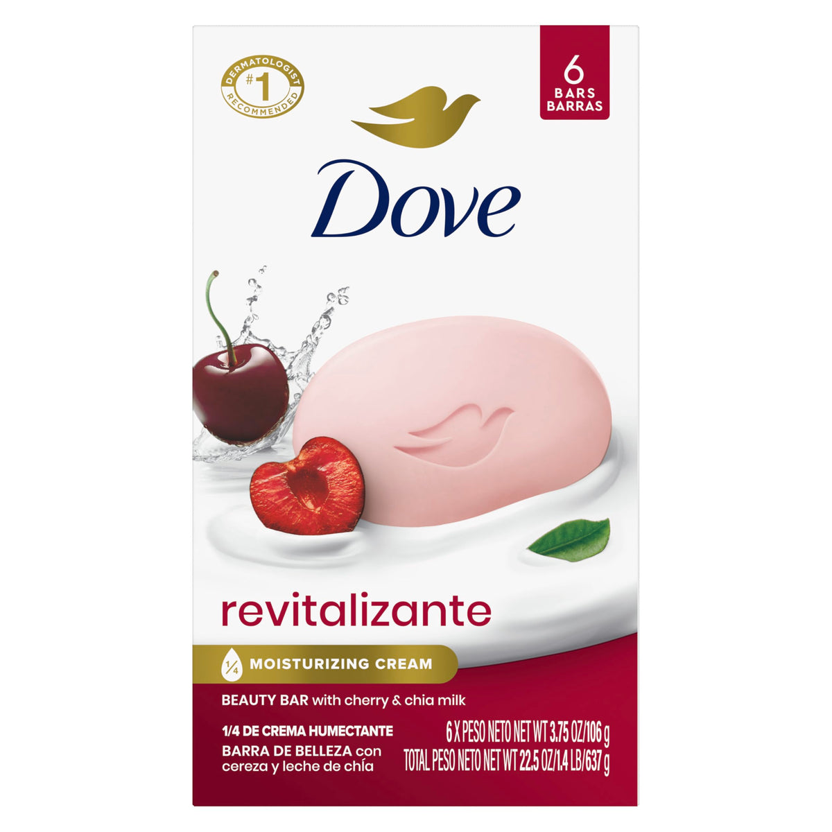 Dove front packaging showing Cherry & Chia Milk bars and six-count box, fresh scent benefit
