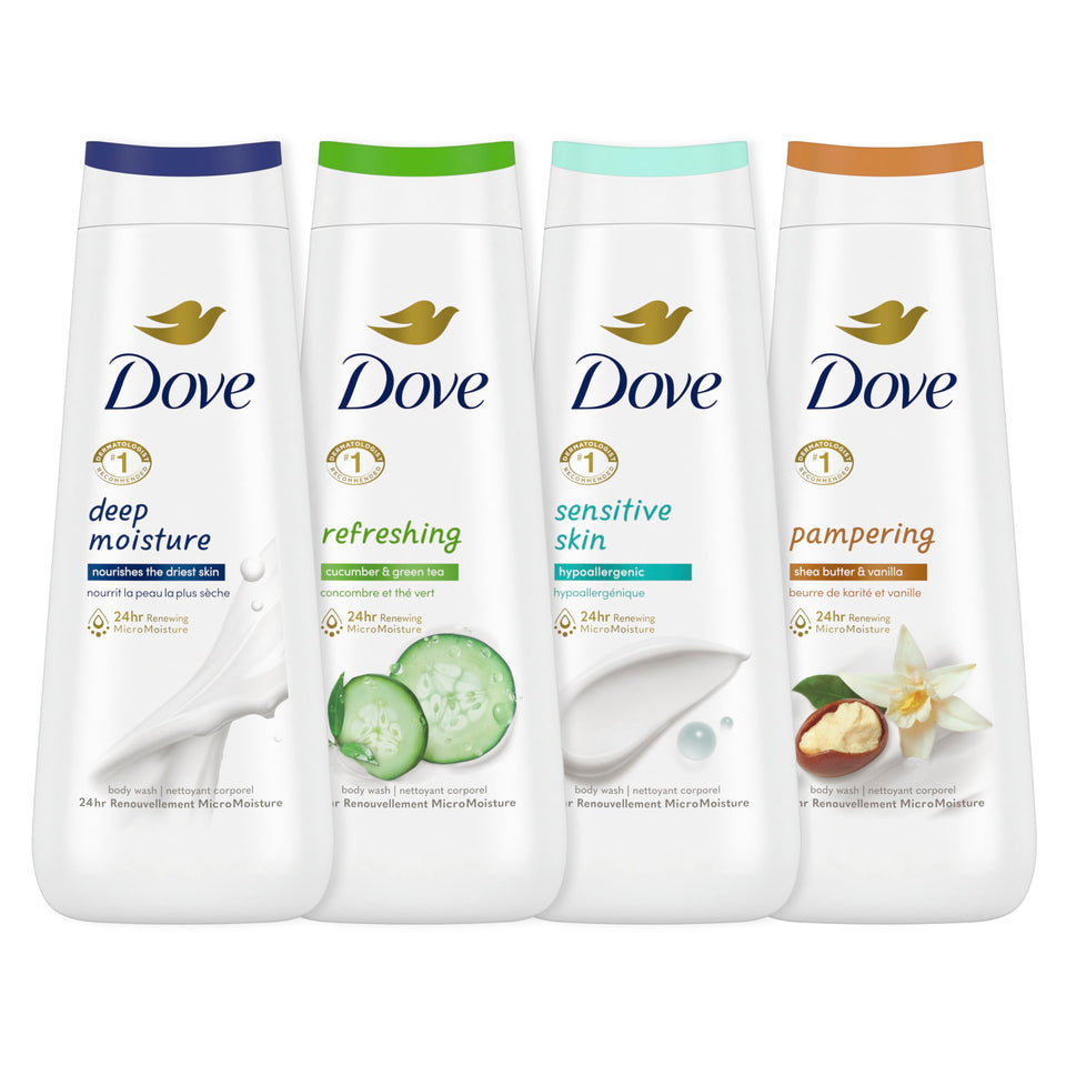 Dove four-pack front view showing bottles and product variety for easy selection