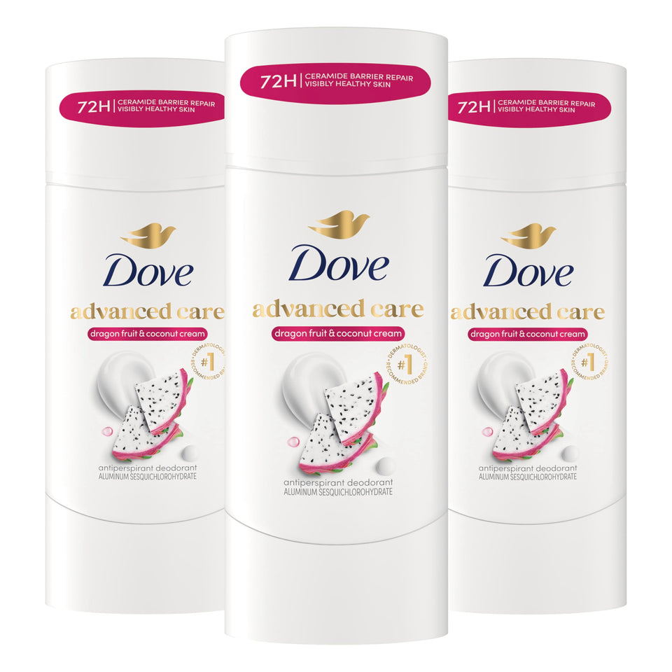 Dove front packaging showing dragon fruit and coconut scent and 3‑pack convenience